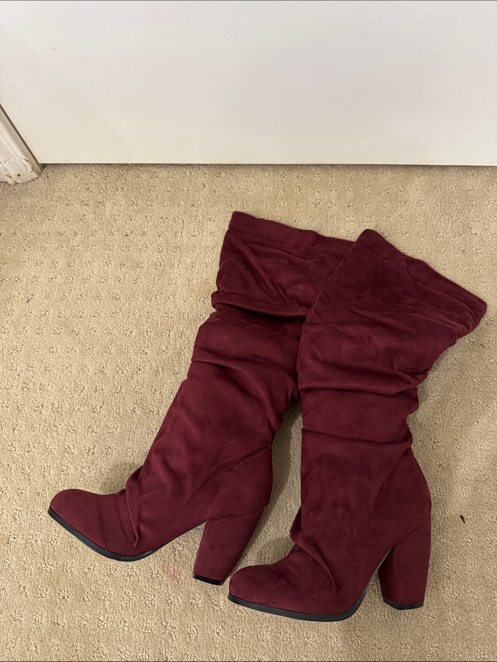 Slouchy High Heel Boots in Deep Burgundy